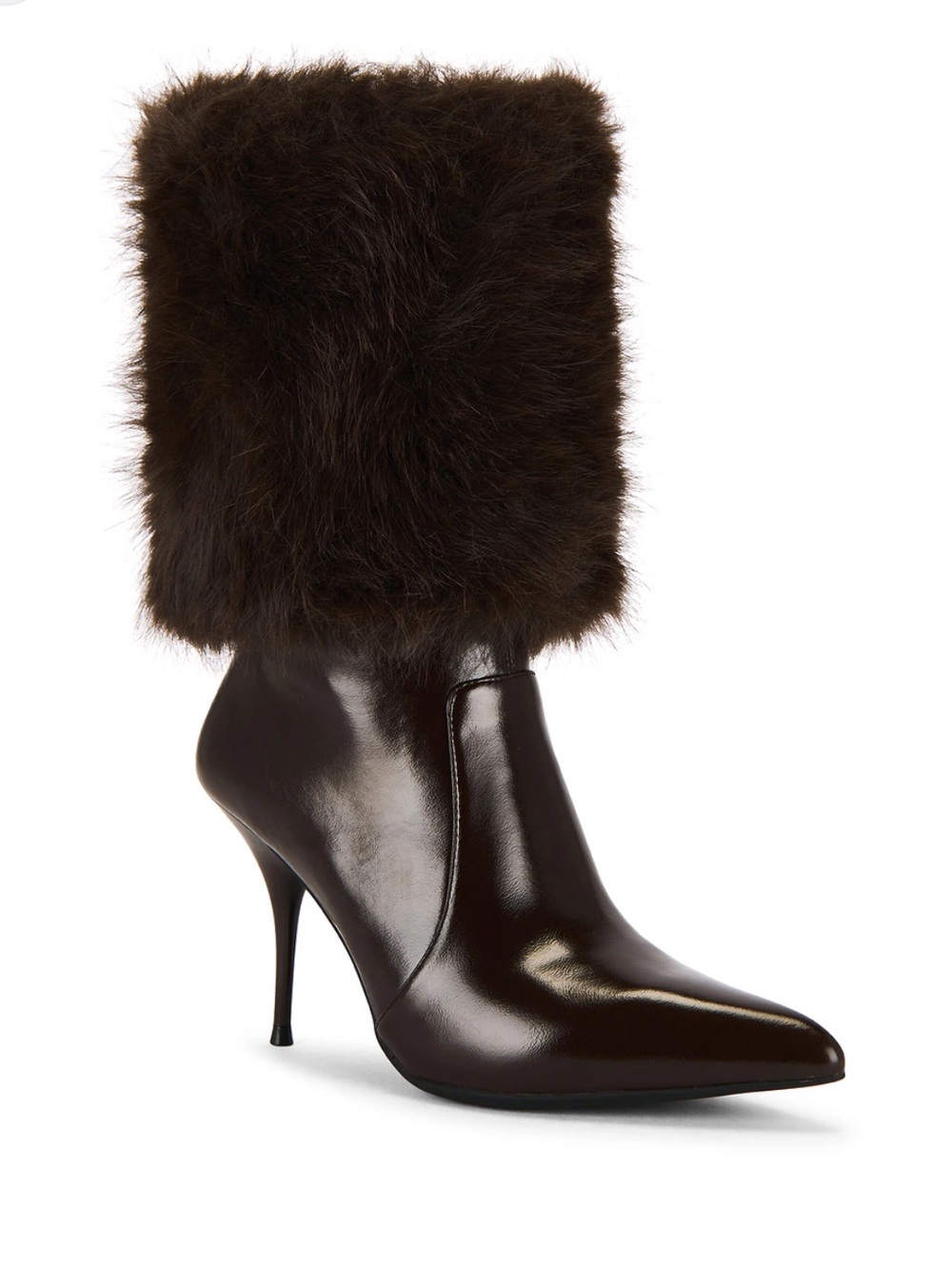 Jeffrey Campbell Brown Patent Pointed Stiletto Fur-Cuff Boot